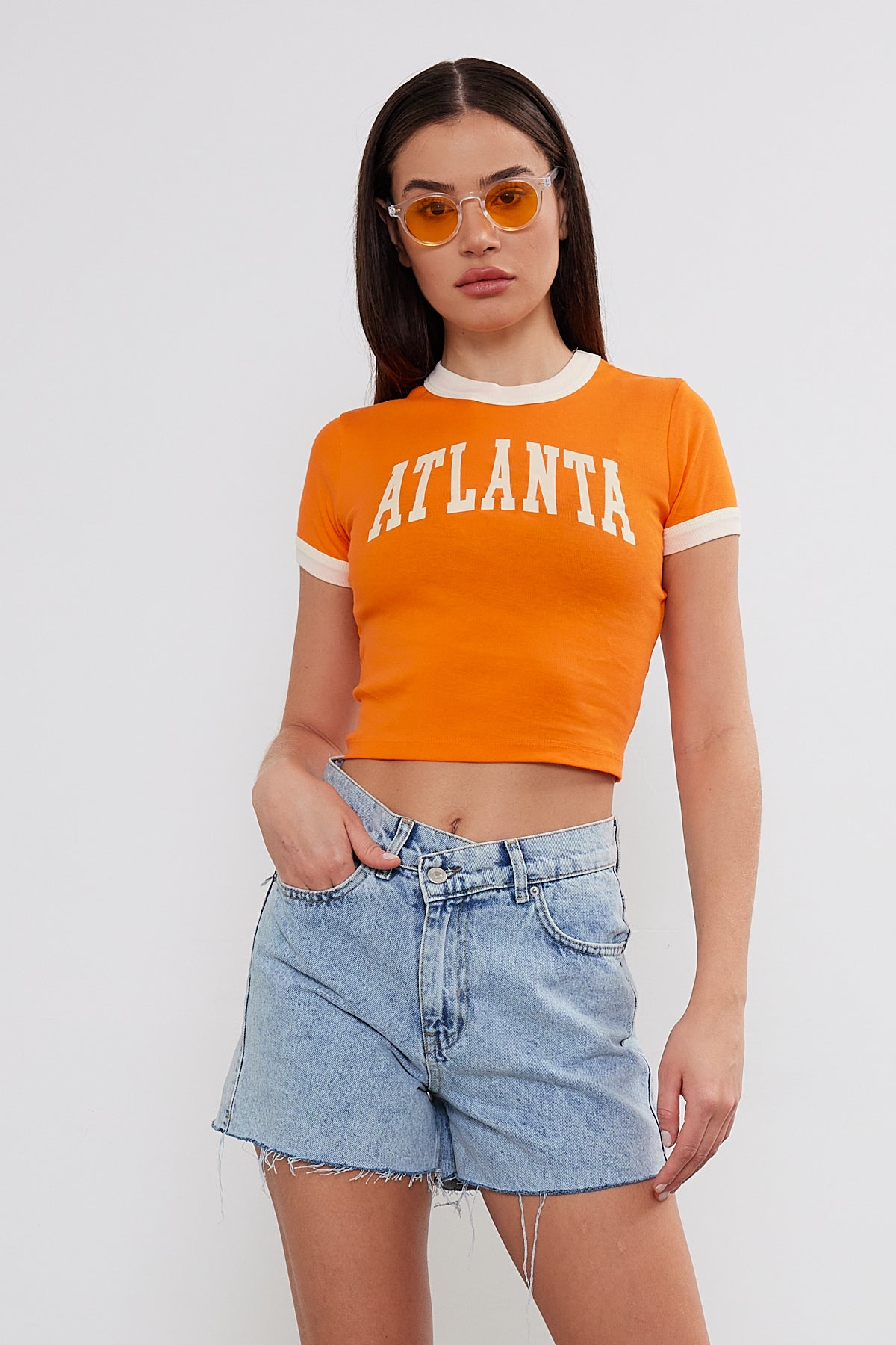 Crop T-Shirt Two Tone "Atlanta" Printed Crop Top (S-M-L / 2-2-2) 6 Pieces