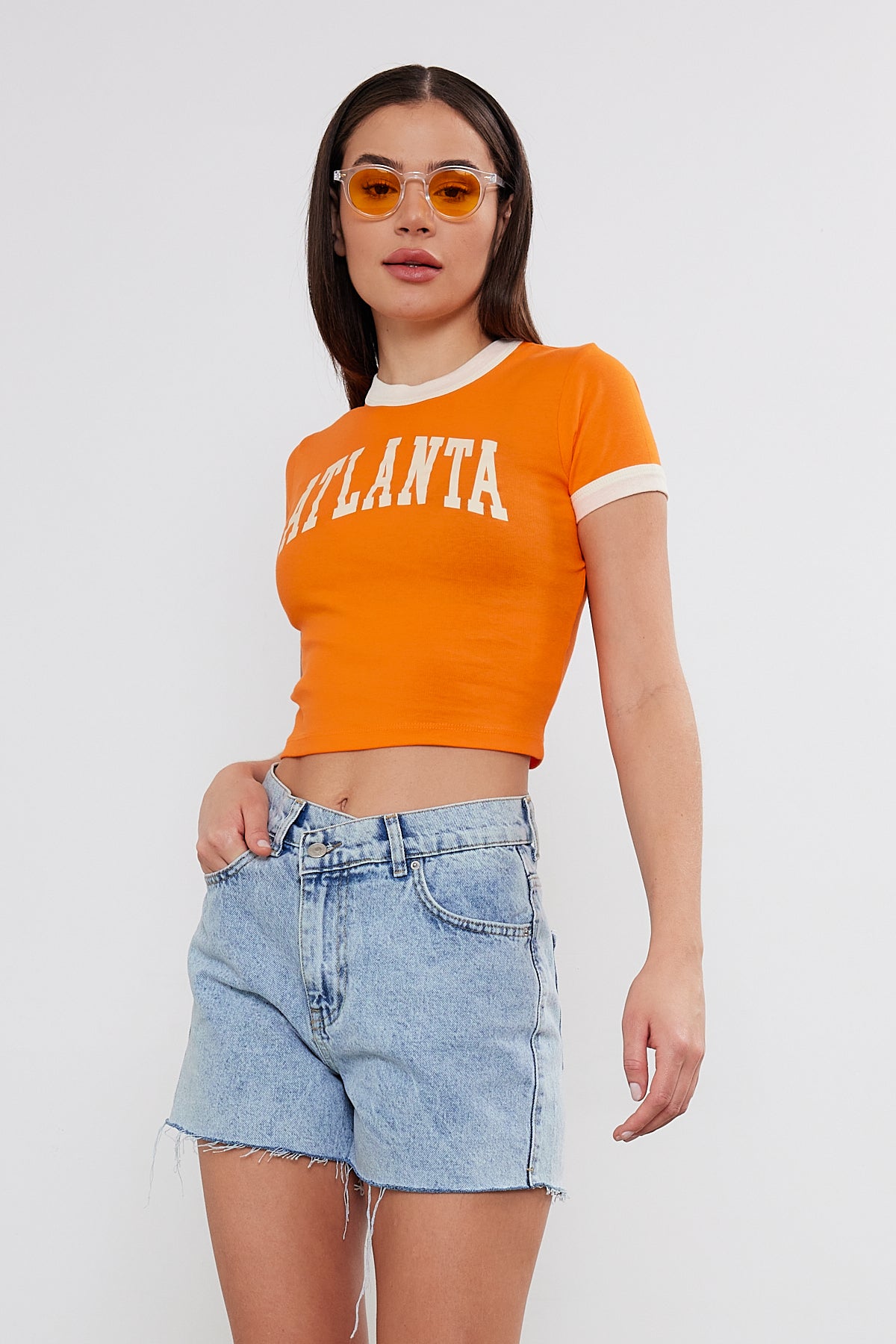Crop T-Shirt Two Tone "Atlanta" Printed Crop Top (S-M-L / 2-2-2) 6 Pieces