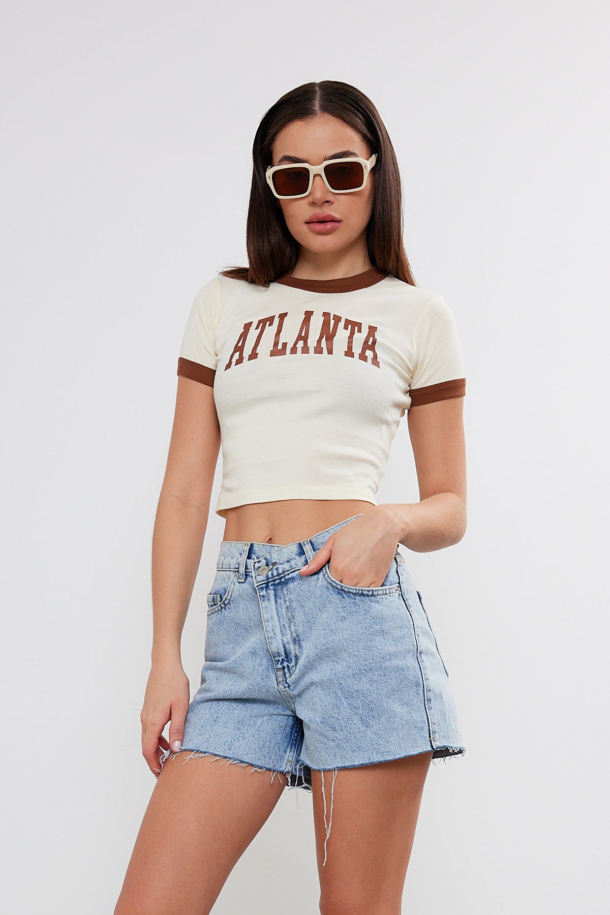 Crop T-Shirt Two Tone "Atlanta" Printed Crop Top (S-M-L / 2-2-2) 6 Pieces
