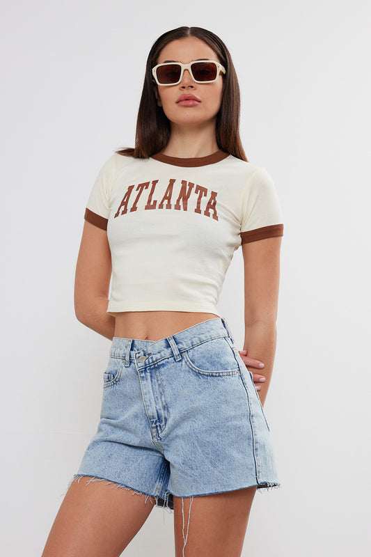Crop T-Shirt Two Tone "Atlanta" Printed Crop Top (S-M-L / 2-2-2) 6 Pieces