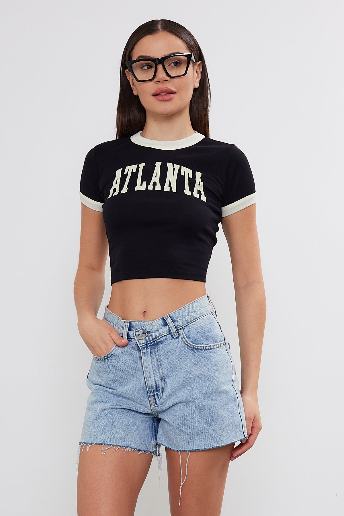 Crop T-Shirt Two Tone "Atlanta" Printed Crop Top (S-M-L / 2-2-2) 6 Pieces