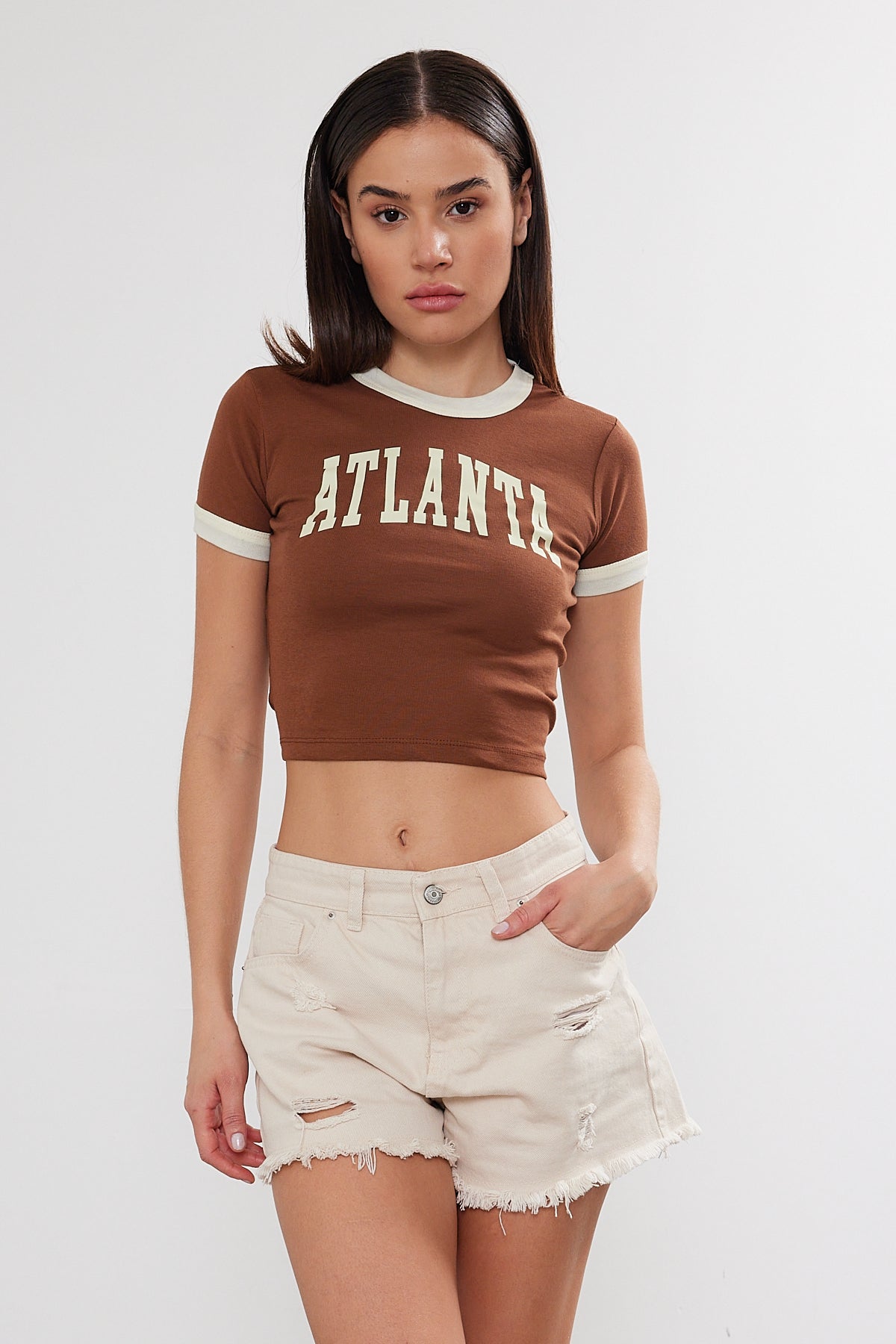 Crop T-Shirt Two Tone "Atlanta" Printed Crop Top (S-M-L / 2-2-2) 6 Pieces