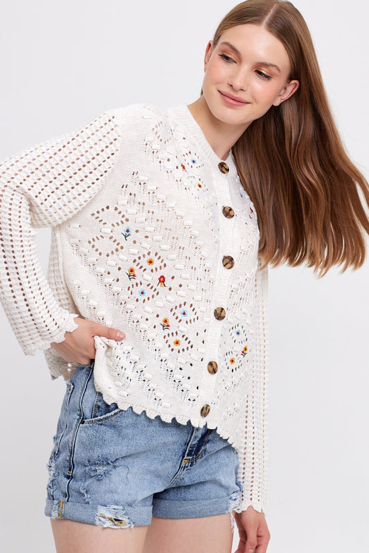 Flower Embroidered Knit Cardigan Cropped - Cute Collection