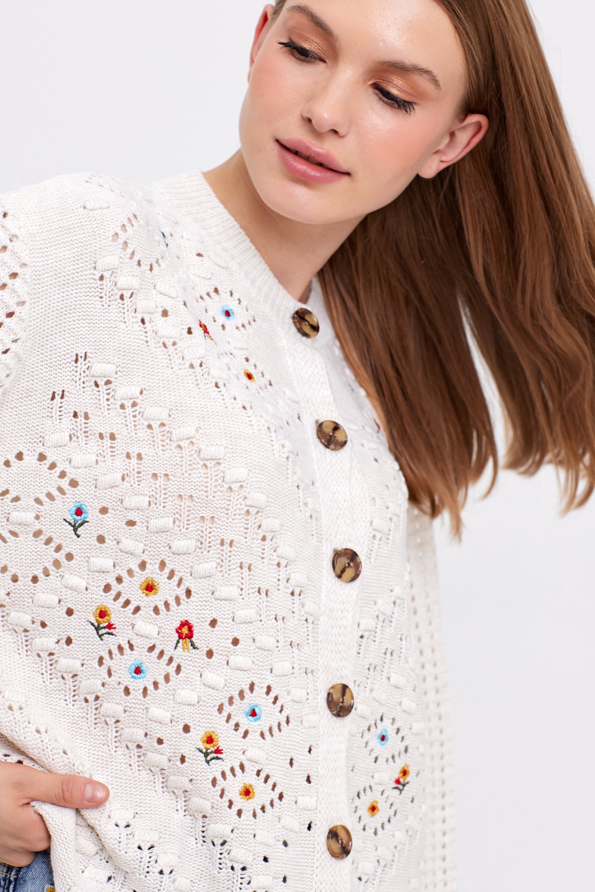 Flower Embroidered Knit Cardigan Cropped - Cute Collection
