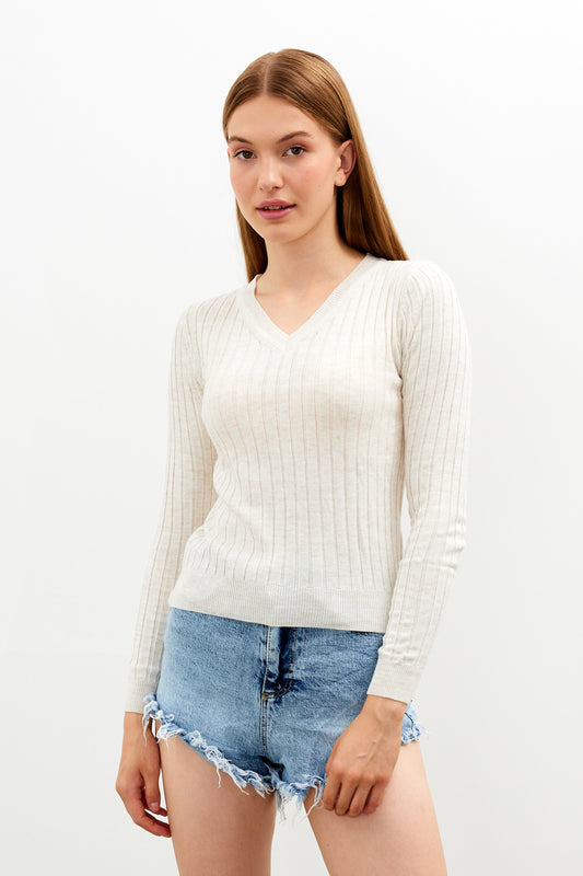 V Neck Ribbed Knit Top - SKU: 1071