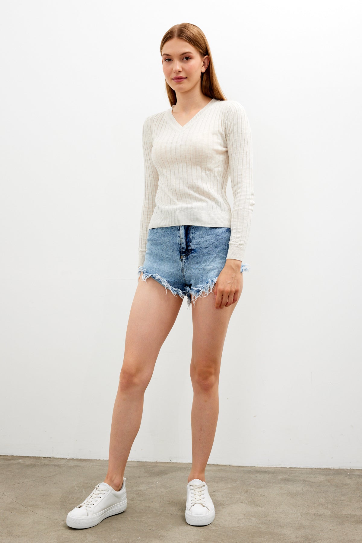 V Neck Ribbed Knit Top - SKU: 1071