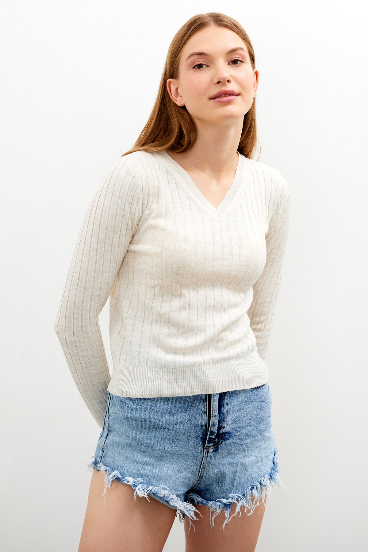 V Neck Ribbed Knit Top - SKU: 1071