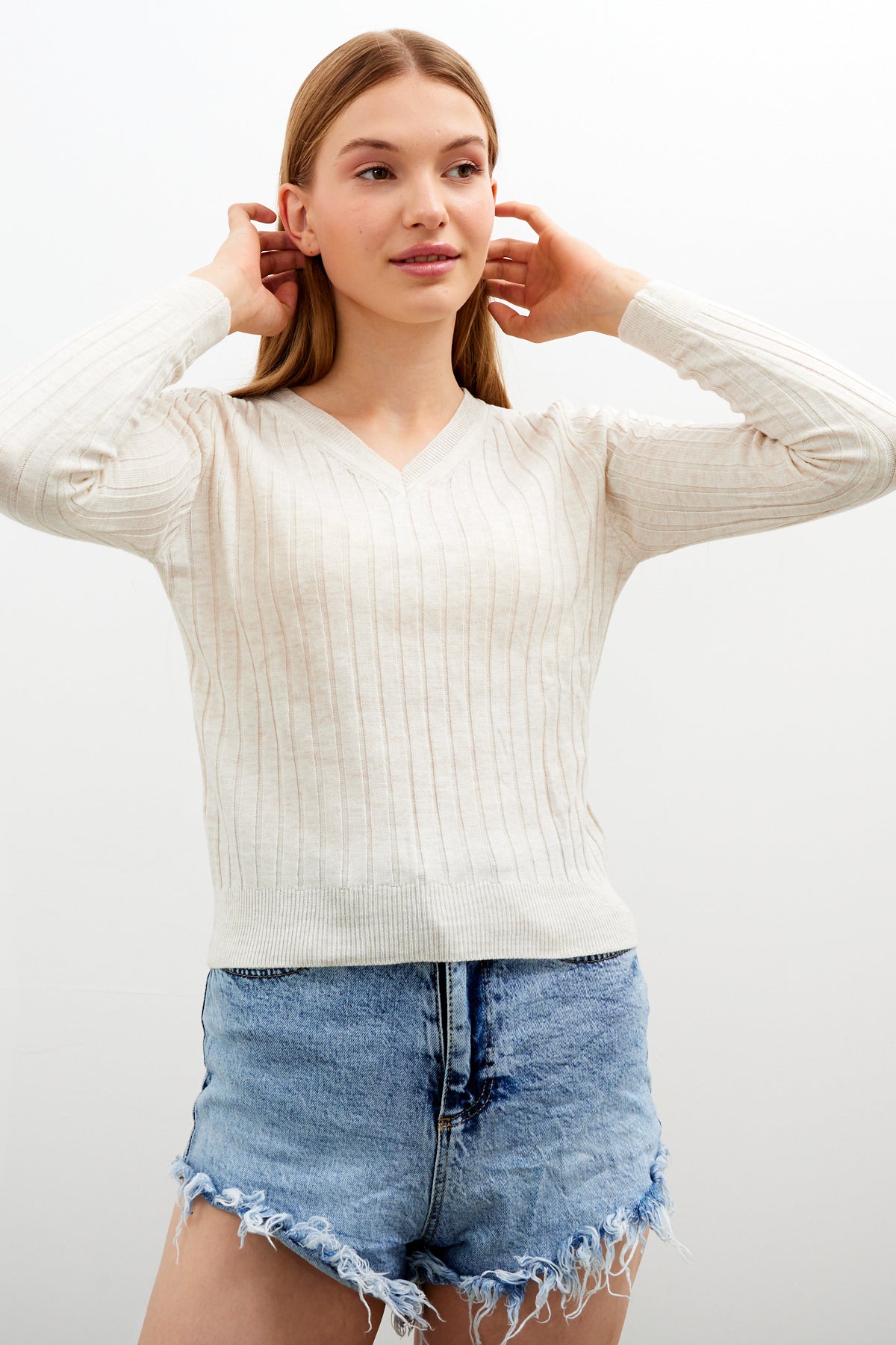 V Neck Ribbed Knit Top - SKU: 1071