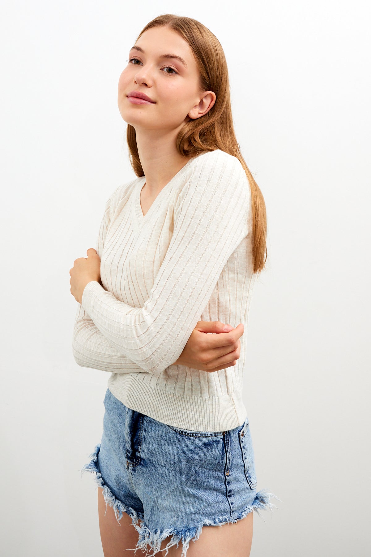 V Neck Ribbed Knit Top - SKU: 1071