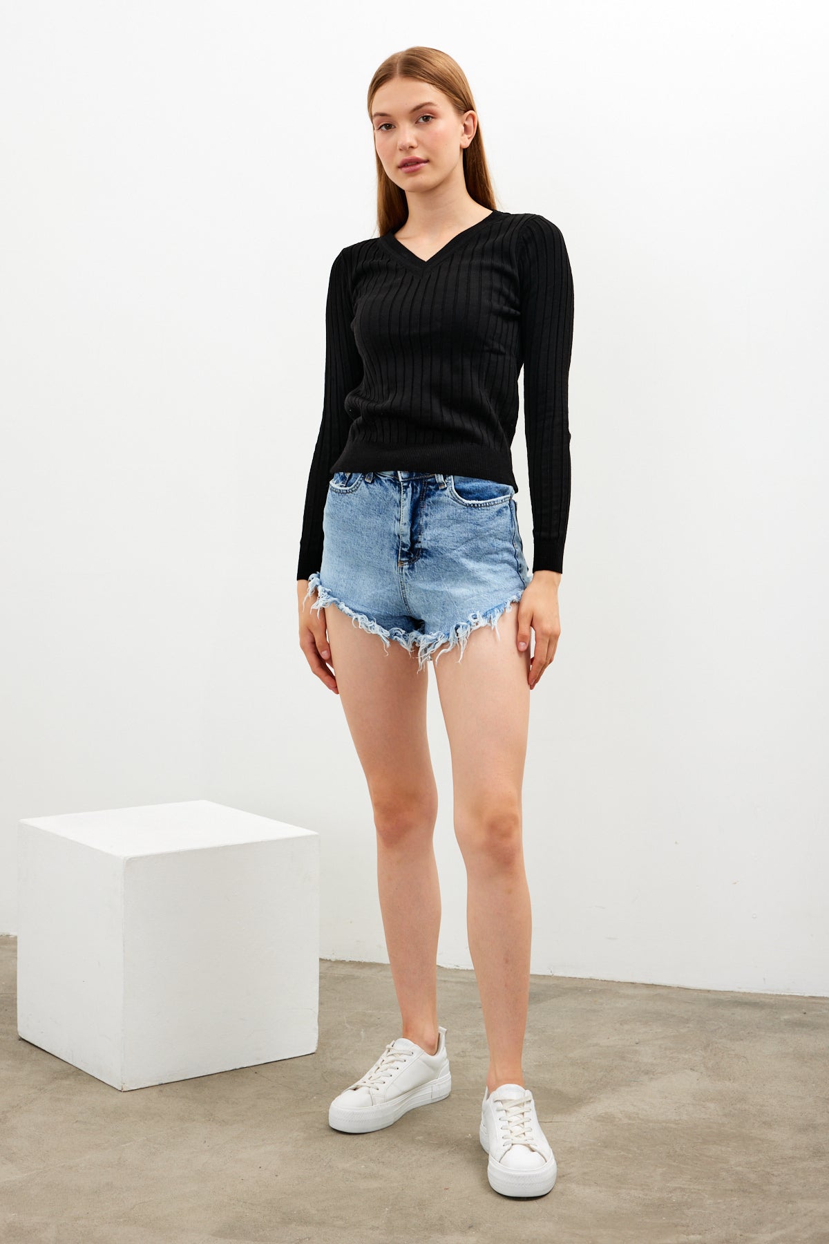 V Neck Ribbed Knit Top - SKU: 1071