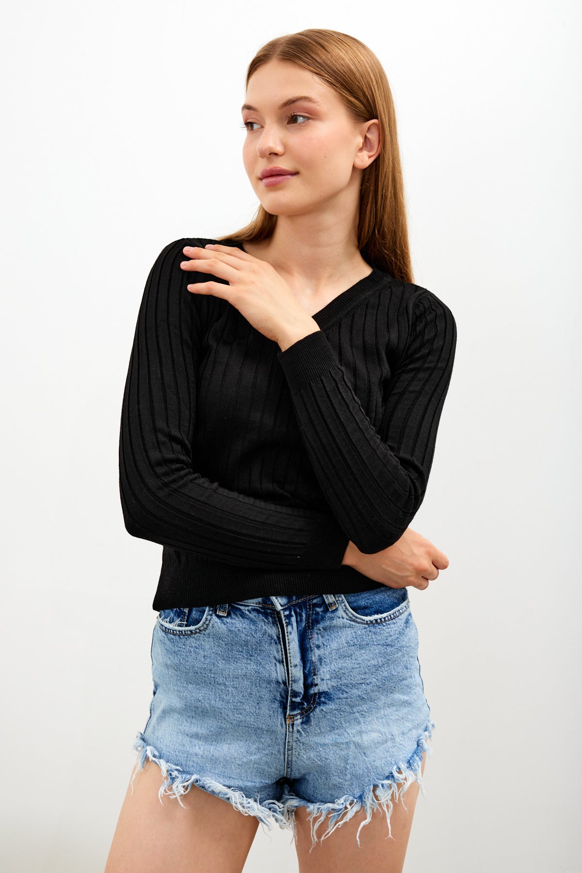 V Neck Ribbed Knit Top - SKU: 1071