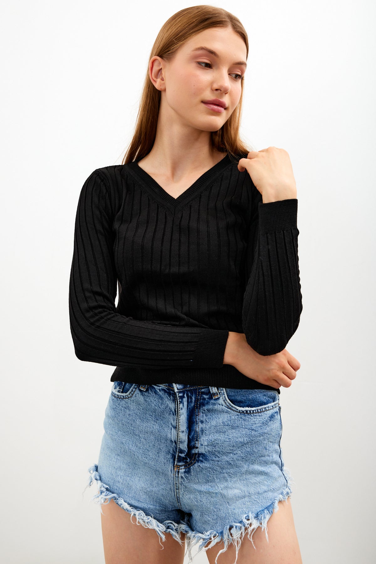 V Neck Ribbed Knit Top - SKU: 1071