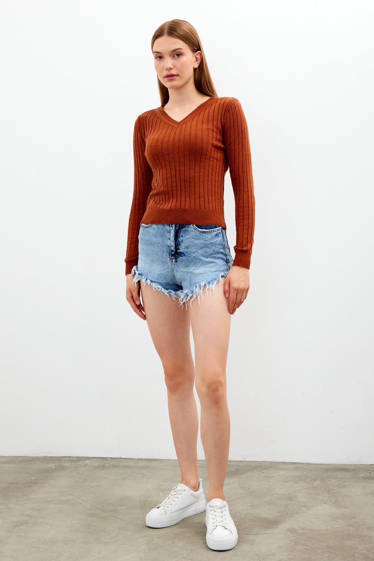 V Neck Ribbed Knit Top - SKU: 1071