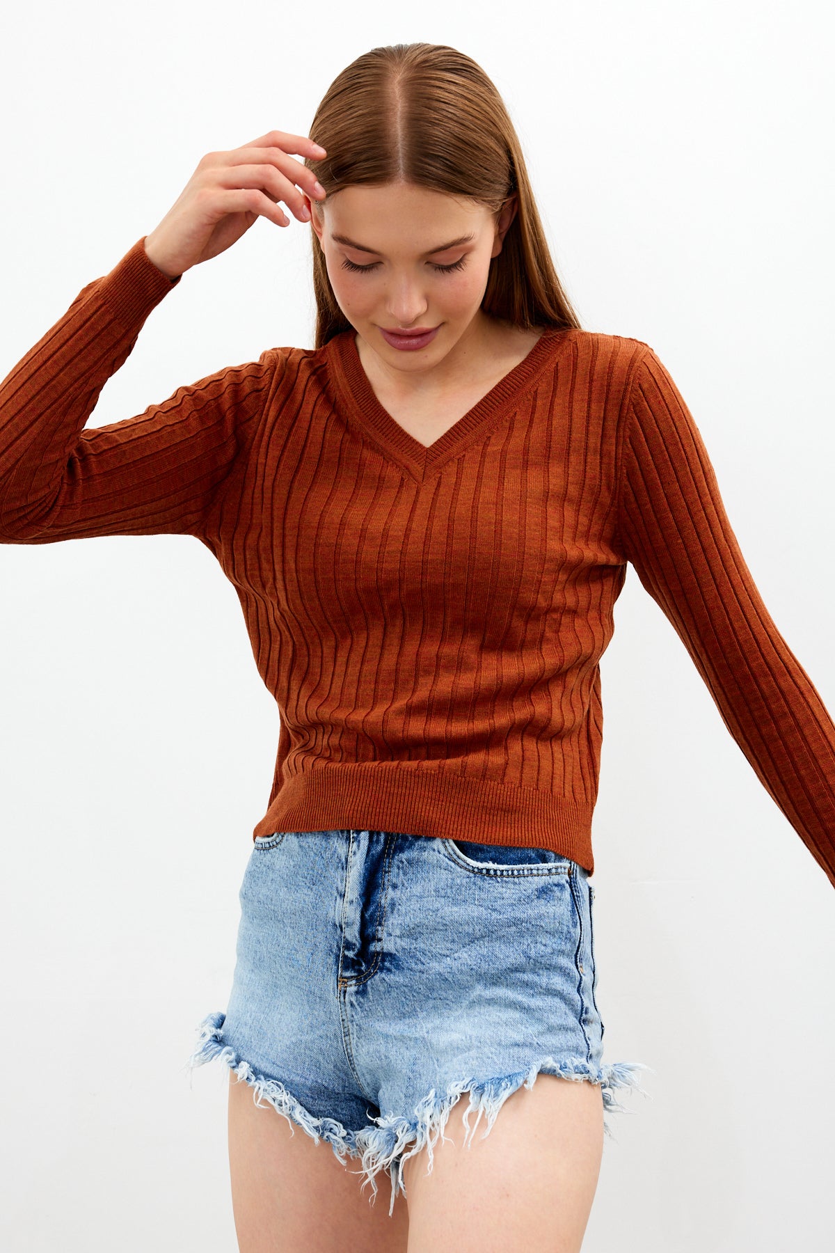V Neck Ribbed Knit Top - SKU: 1071