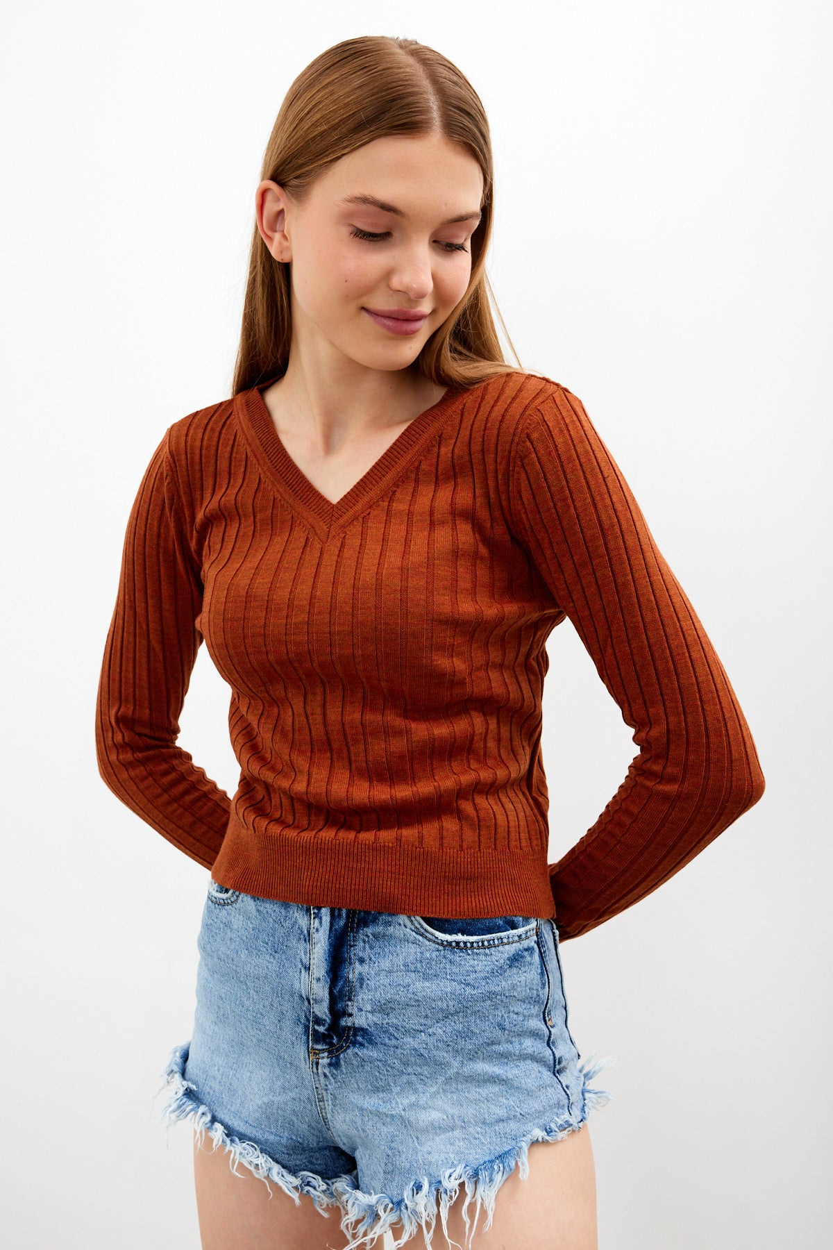 V Neck Ribbed Knit Top - SKU: 1071