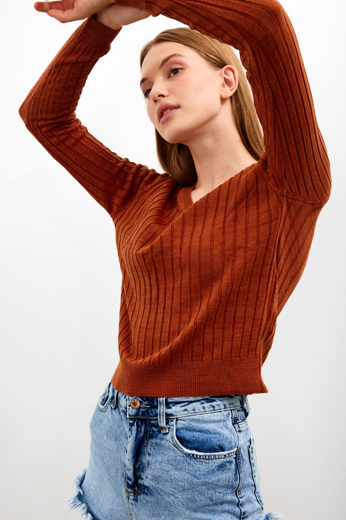 V Neck Ribbed Knit Top - SKU: 1071
