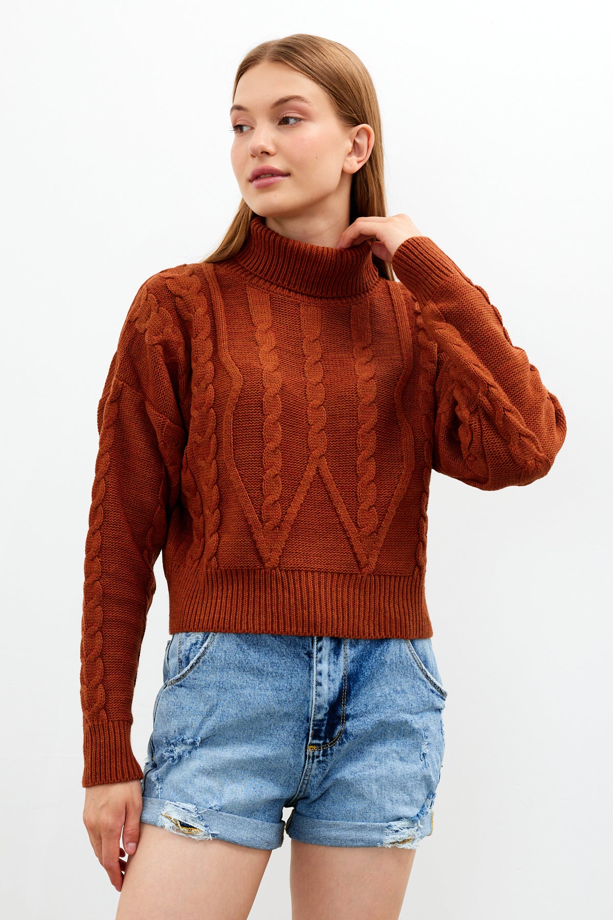 Oversized Turtleneck Sweater Solid Color With Knit Details - SKU: 1232