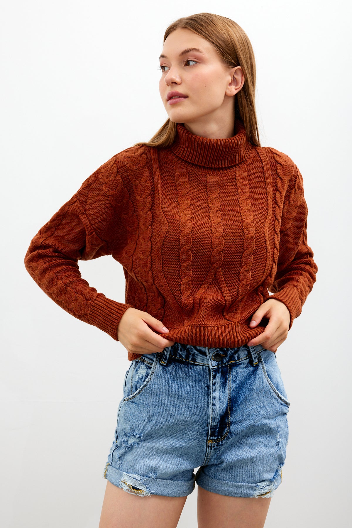 Oversized Turtleneck Sweater Solid Color With Knit Details - SKU: 1232