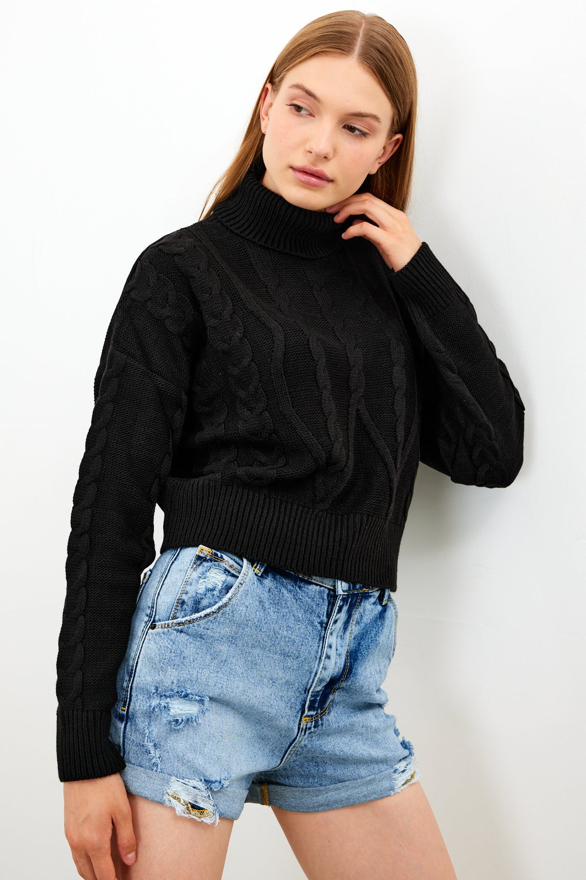 Oversized Turtleneck Sweater Solid Color With Knit Details - SKU: 1232