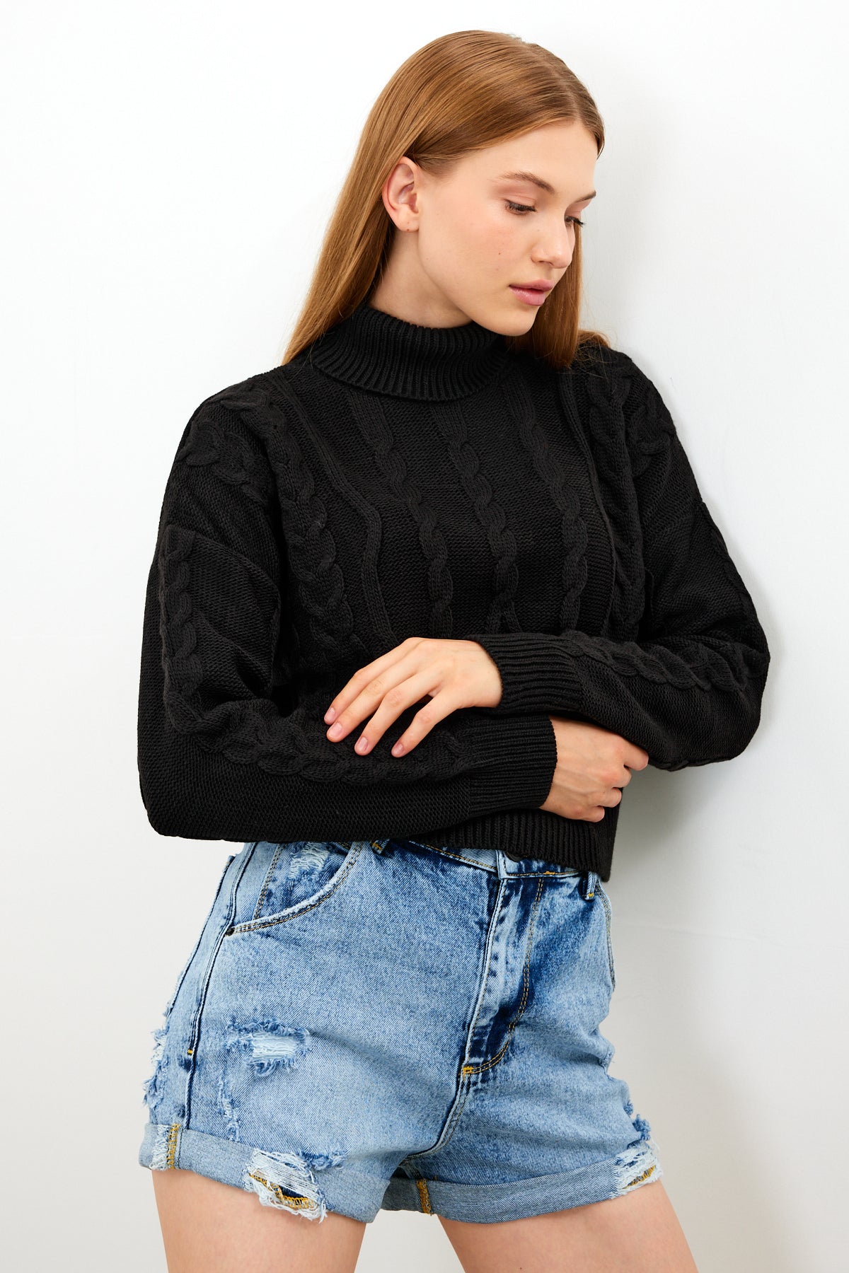 Oversized Turtleneck Sweater Solid Color With Knit Details - SKU: 1232