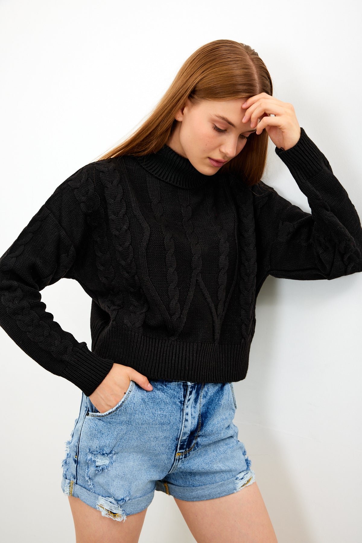 Oversized Turtleneck Sweater Solid Color With Knit Details - SKU: 1232