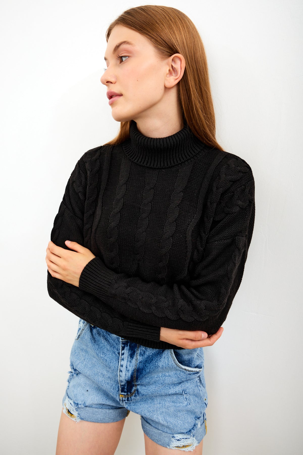 Oversized Turtleneck Sweater Solid Color With Knit Details - SKU: 1232