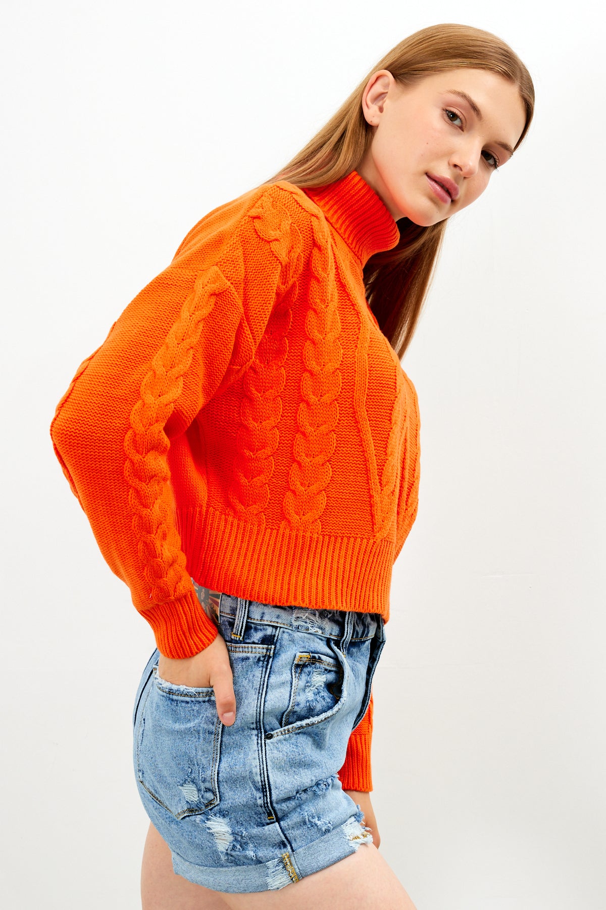 Oversized Turtleneck Sweater Solid Color With Knit Details - SKU: 1232