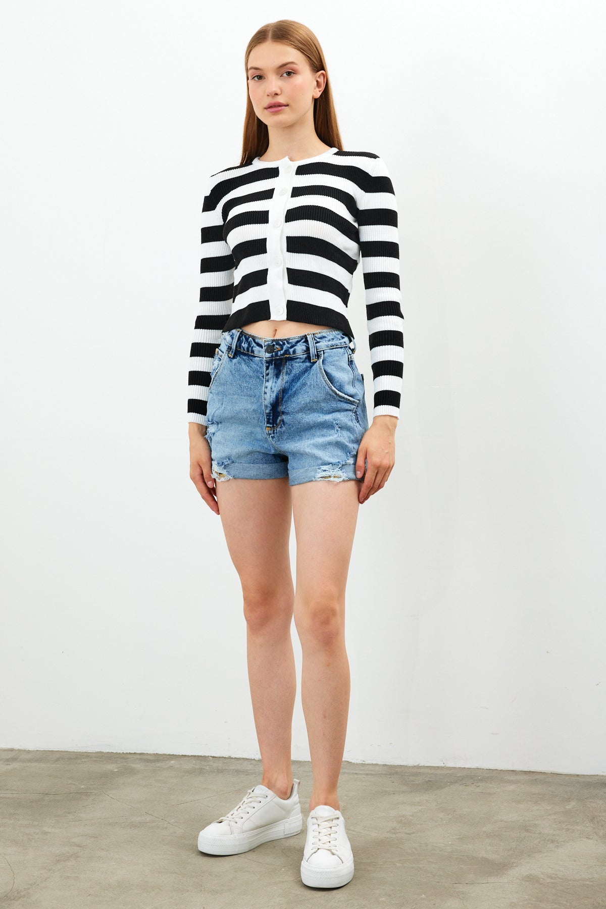 Striped Knit Top Button Detailed Top - SKU: 1093