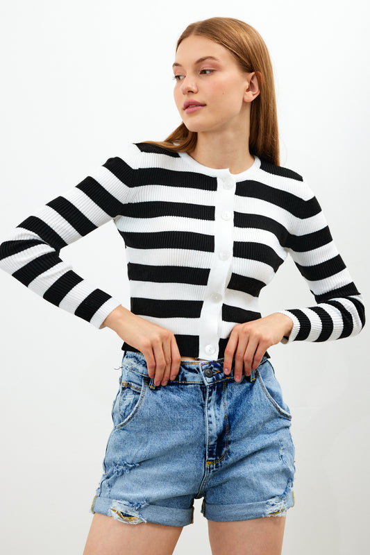 Striped Knit Top Button Detailed Top - SKU: 1093