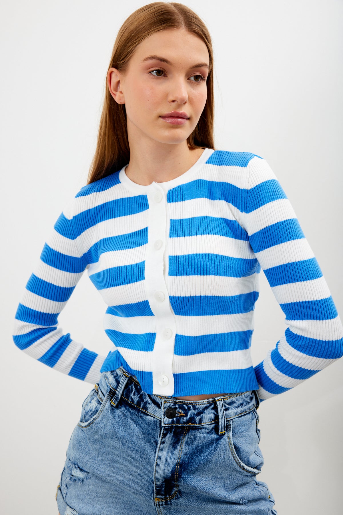 Striped Knit Top Button Detailed Top - SKU: 1093