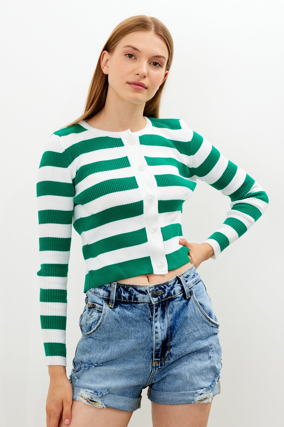 Striped Knit Top Button Detailed Top - SKU: 1093