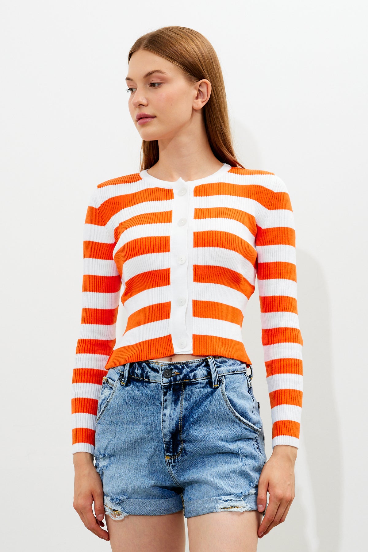 Striped Knit Top Button Detailed Top - SKU: 1093