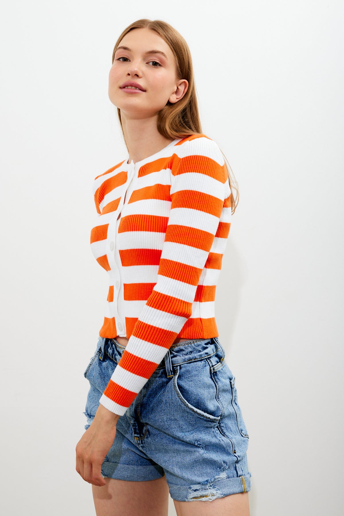 Striped Knit Top Button Detailed Top - SKU: 1093