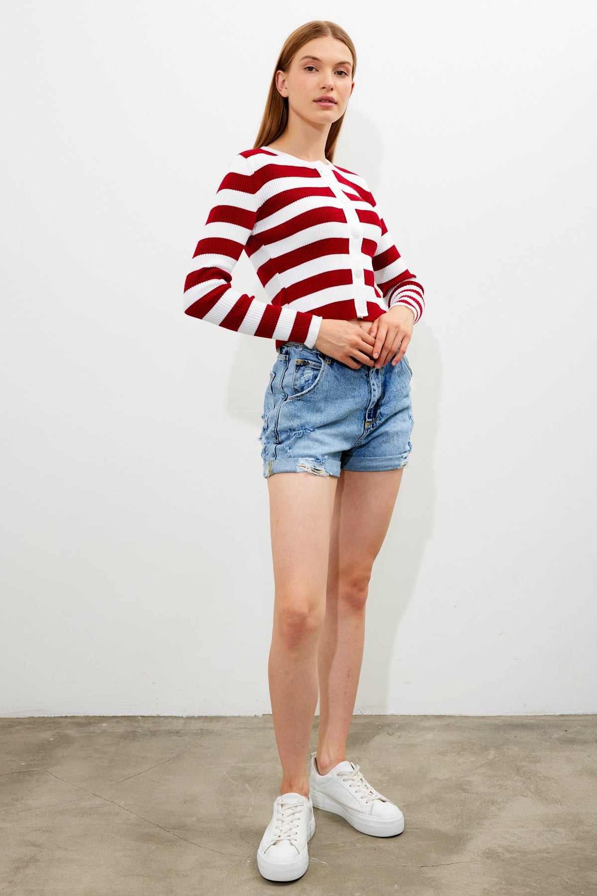 Striped Knit Top Button Detailed Top - SKU: 1093