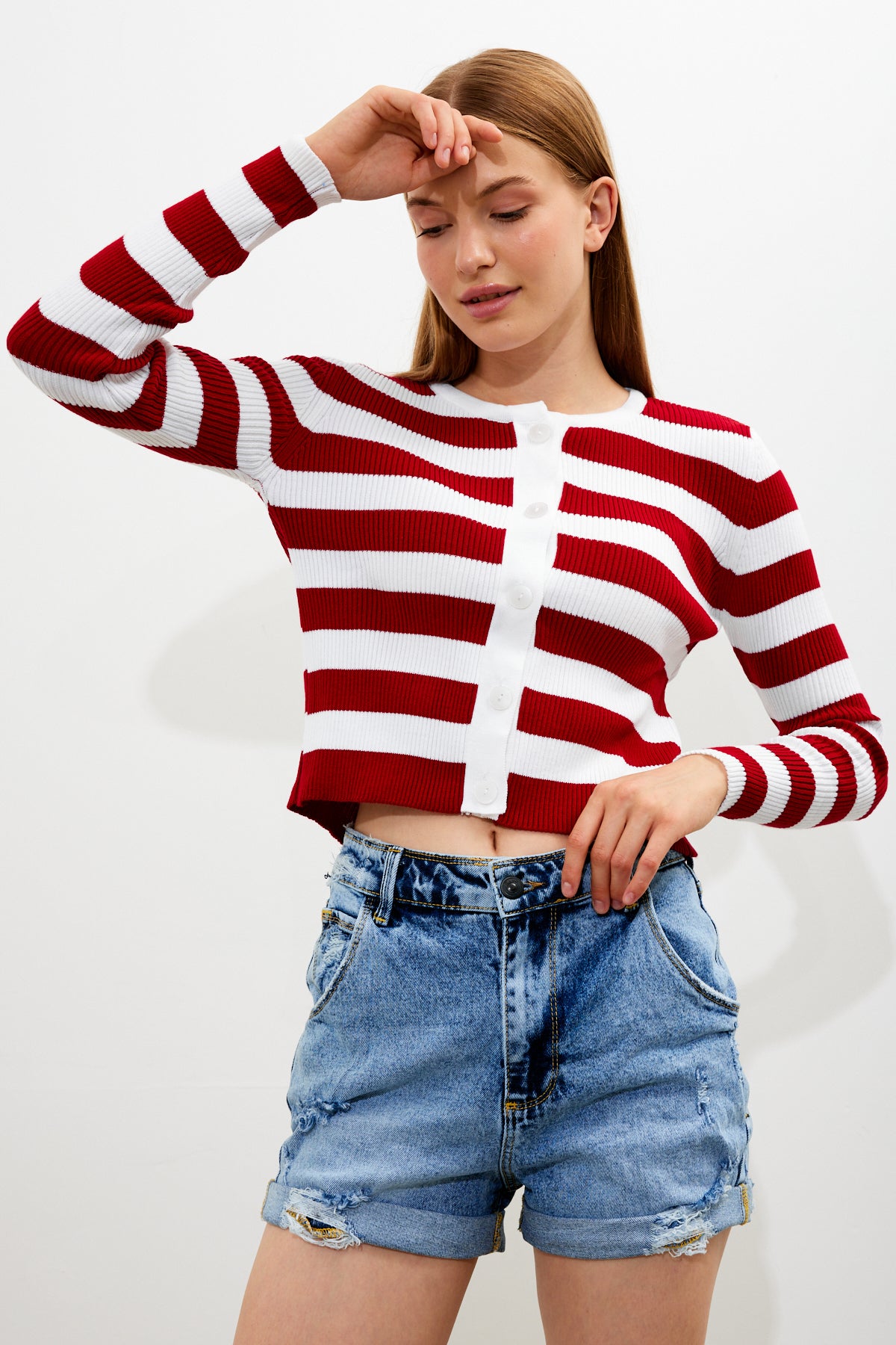 Striped Knit Top Button Detailed Top - SKU: 1093