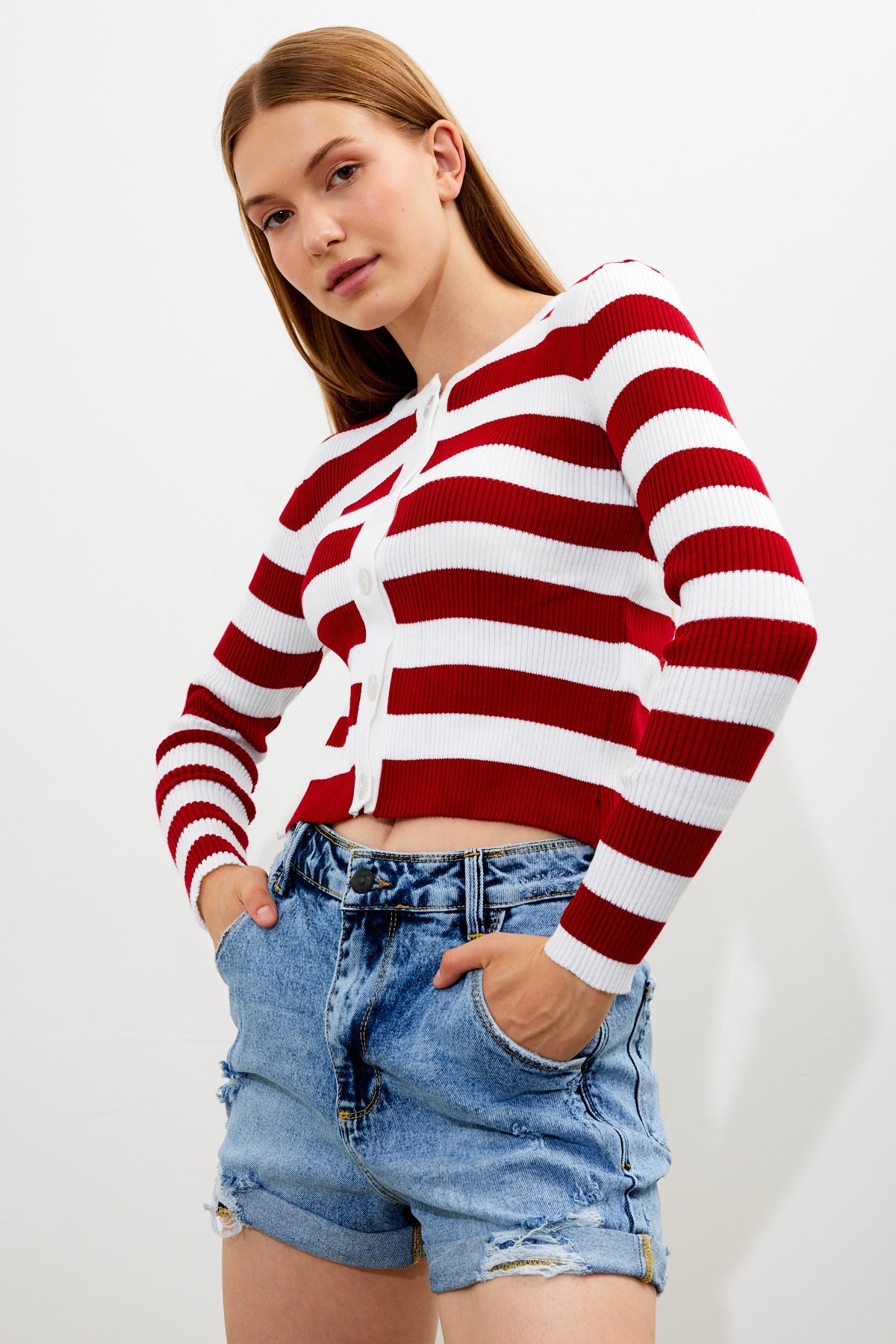 Striped Knit Top Button Detailed Top - SKU: 1093