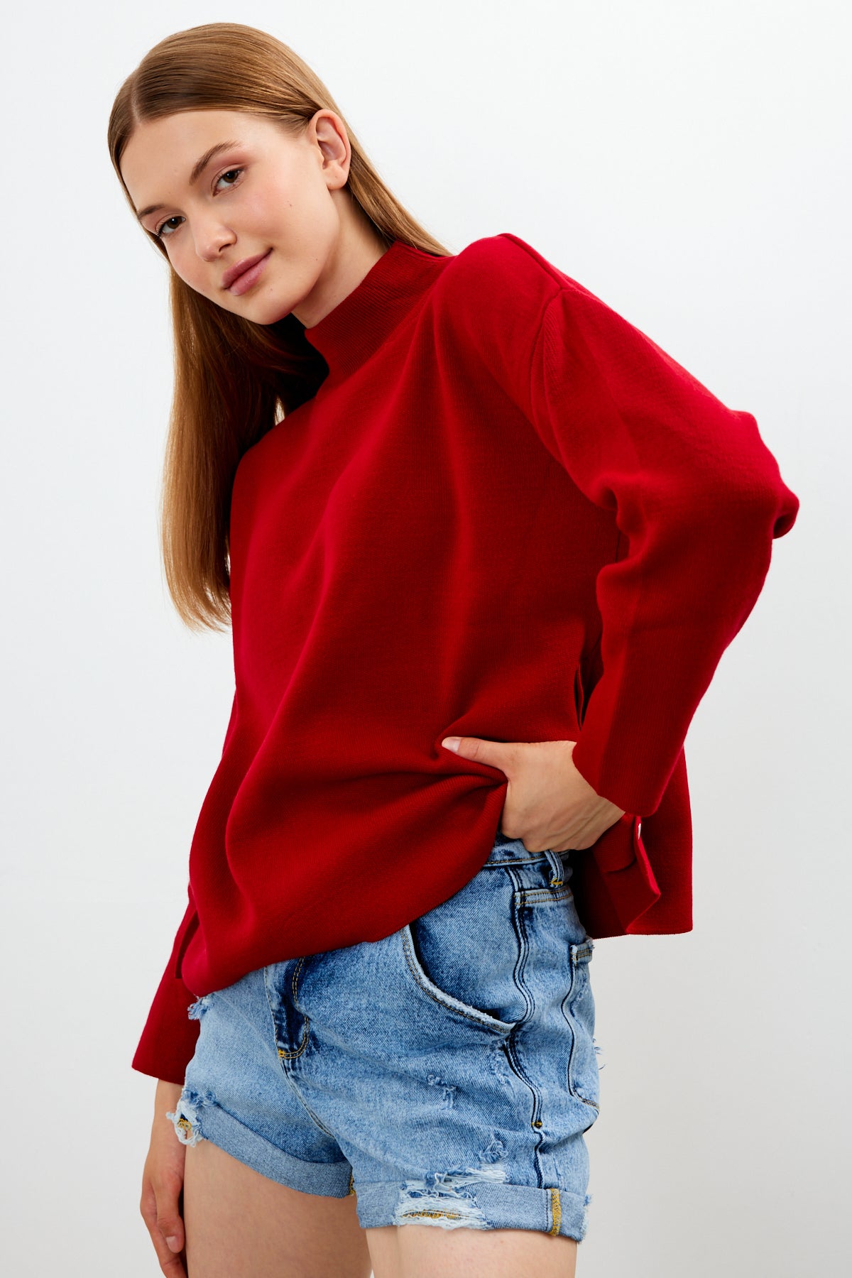Mock Neck Knit Oversized Sweater Solid Color - SKU: 1306