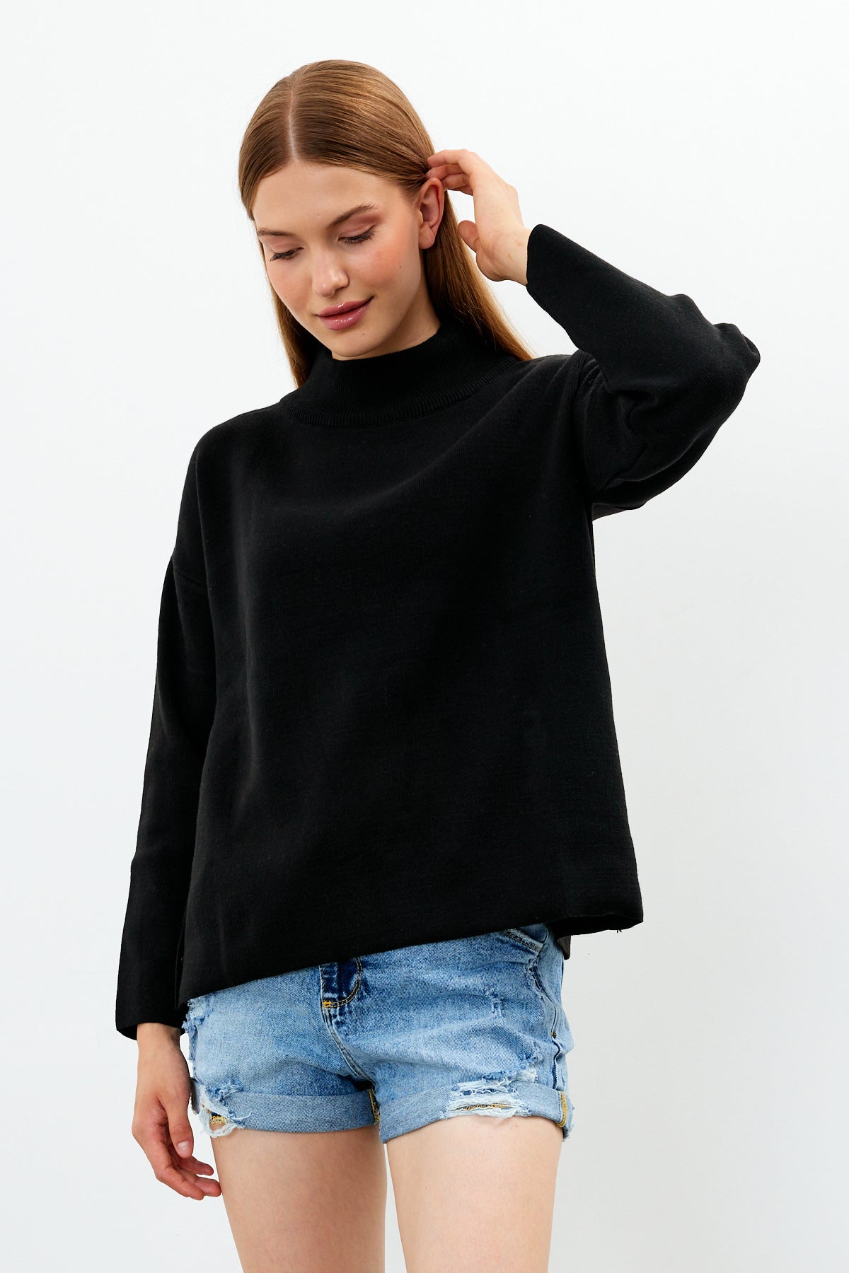 Mock Neck Knit Oversized Sweater Solid Color - SKU: 1306