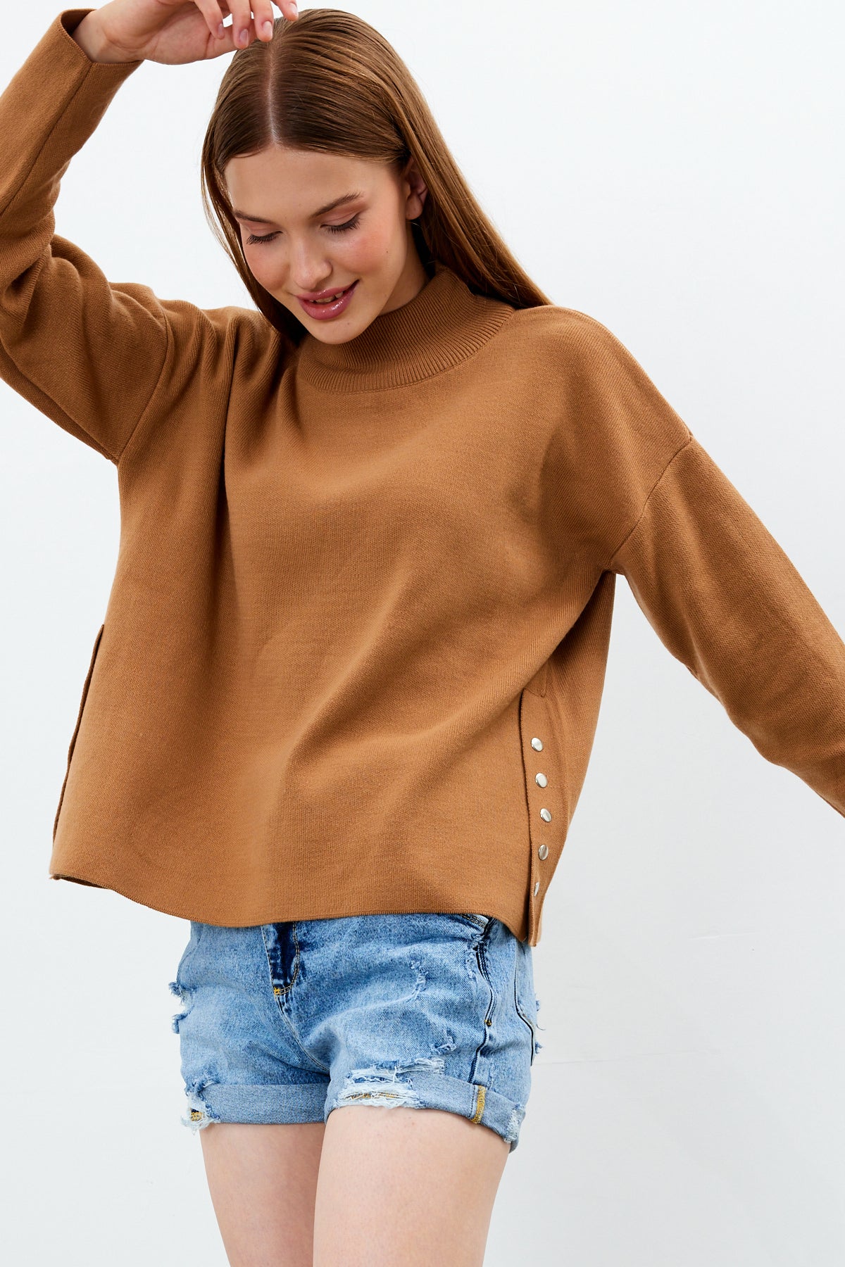 Mock Neck Knit Oversized Sweater Solid Color - SKU: 1306