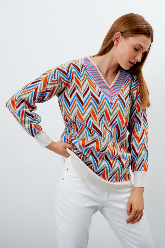 V Neck Oversized Sweater Stripe Patterned - SKU: 1208