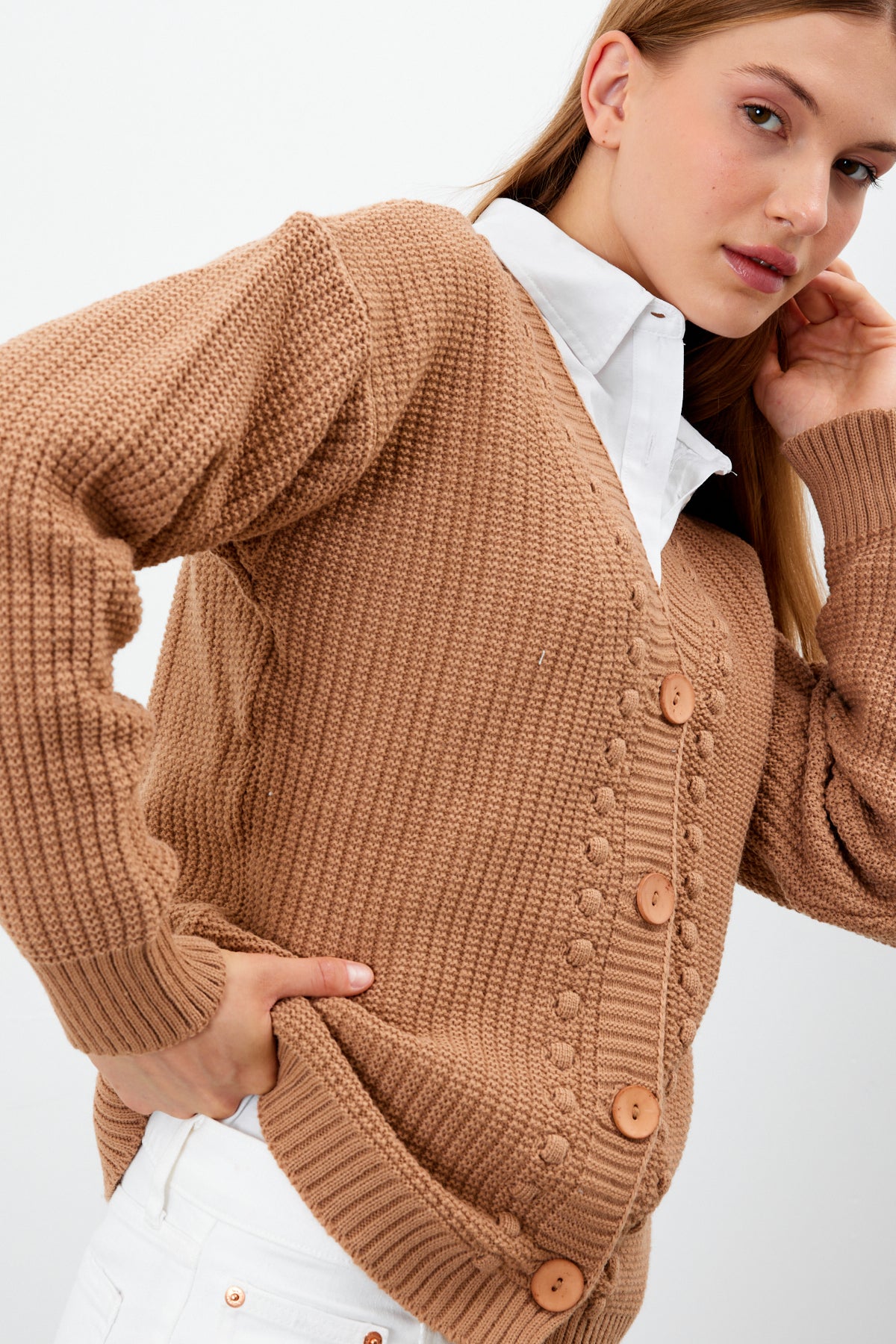 Mid Length Knit Cardigan Solid Color - SKU: 3740