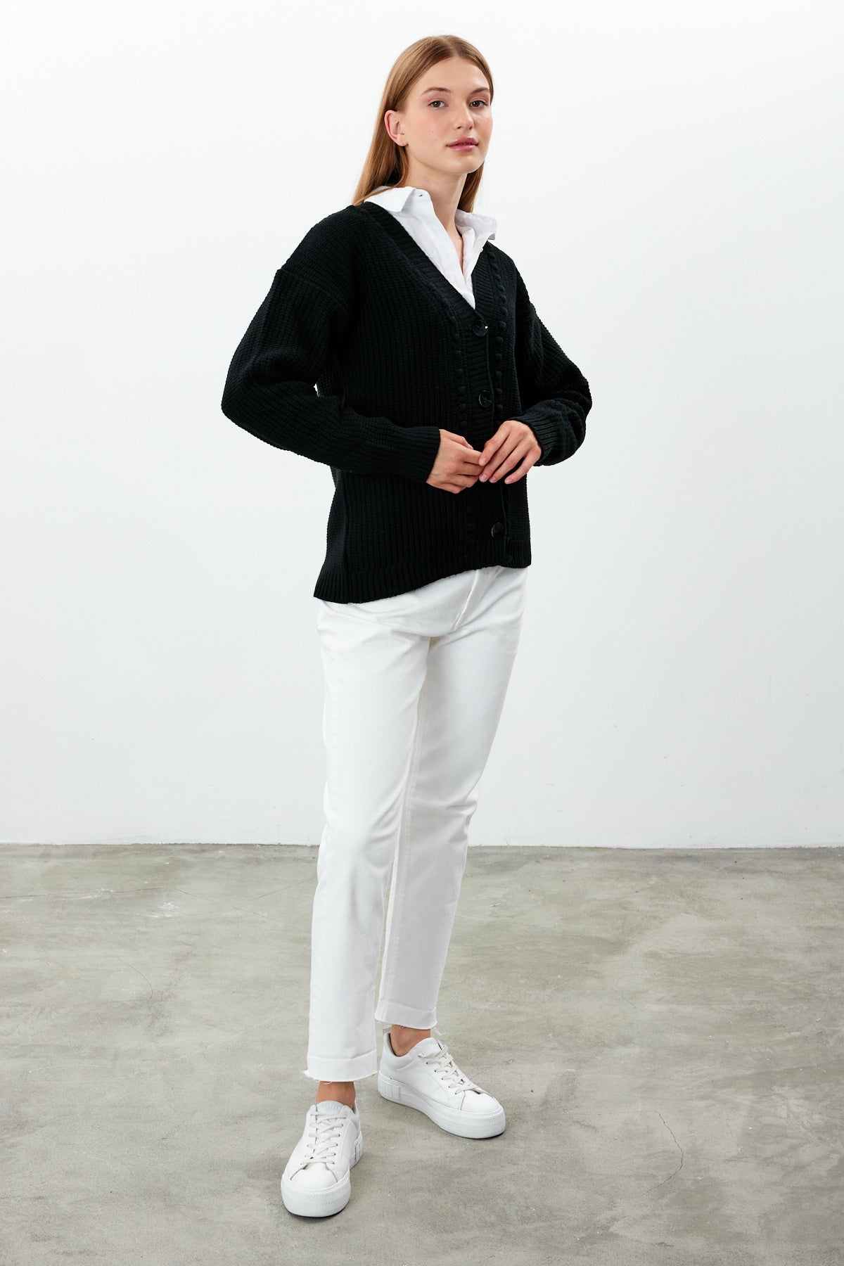 Mid Length Knit Cardigan Solid Color - SKU: 3740