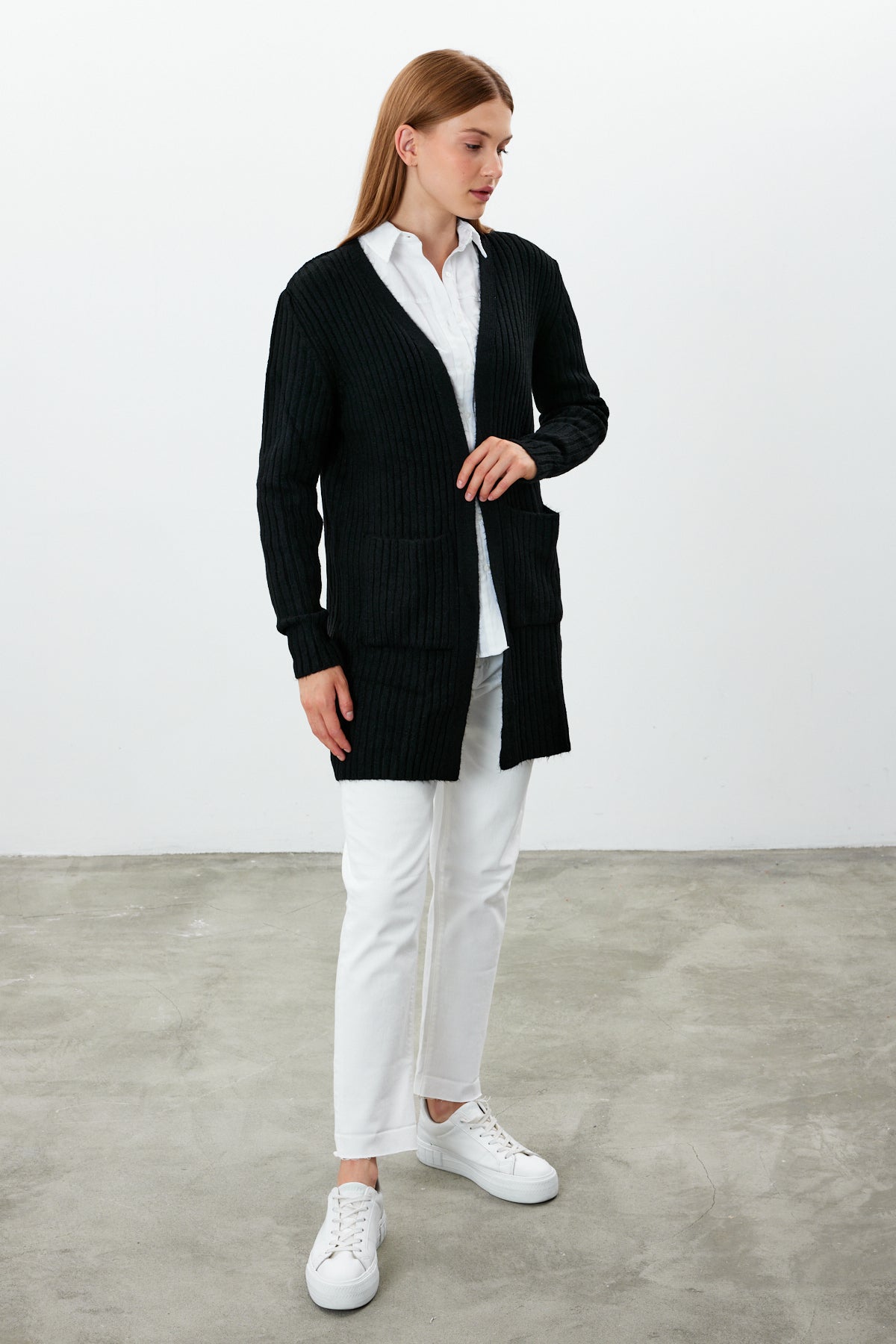 Long Ribbed Knit Cardigan Solid Color  - SKU: 9578