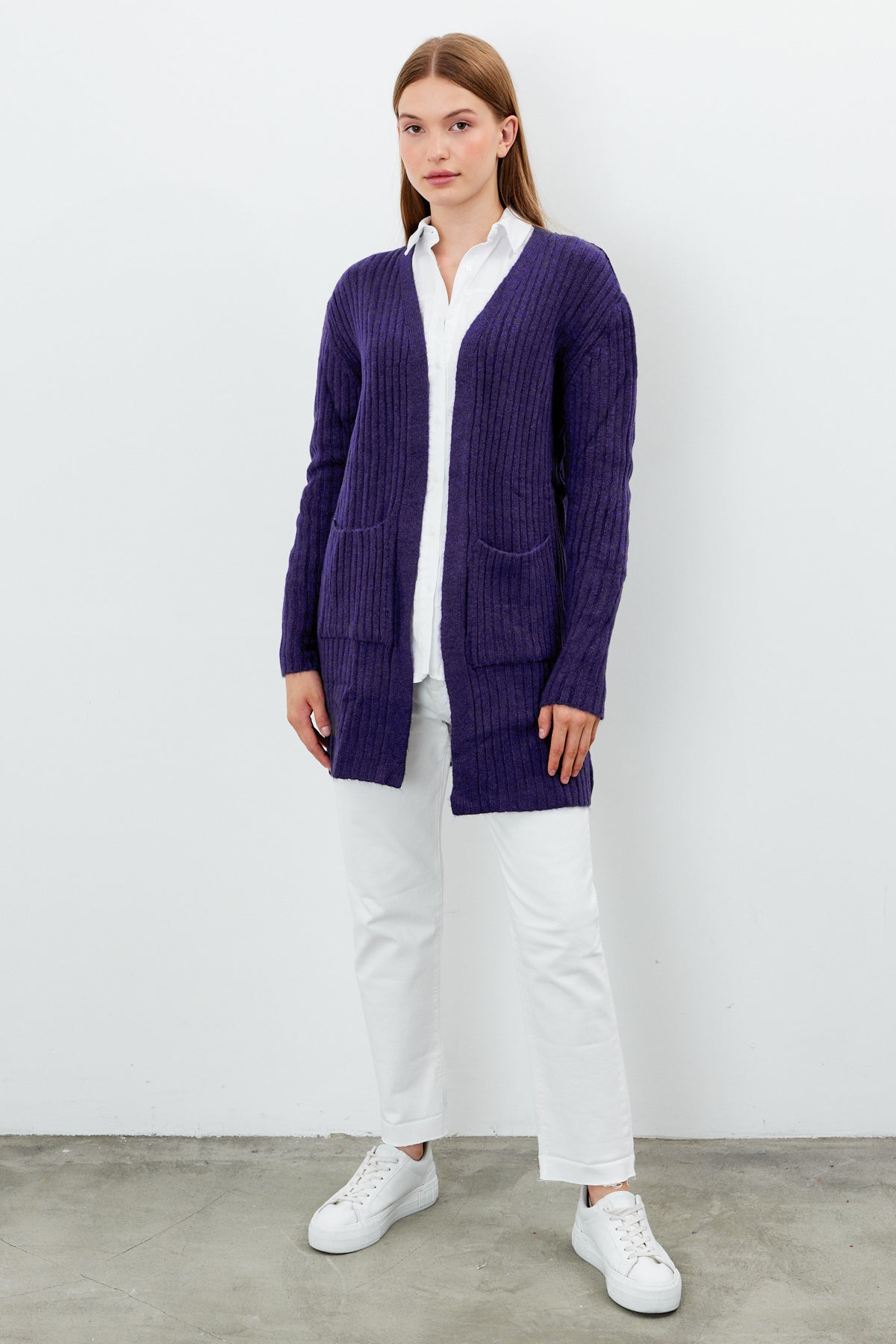 Long Ribbed Knit Cardigan Solid Color  - SKU: 9578