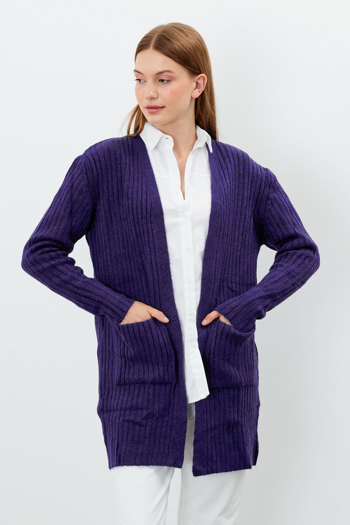 Long Ribbed Knit Cardigan Solid Color  - SKU: 9578