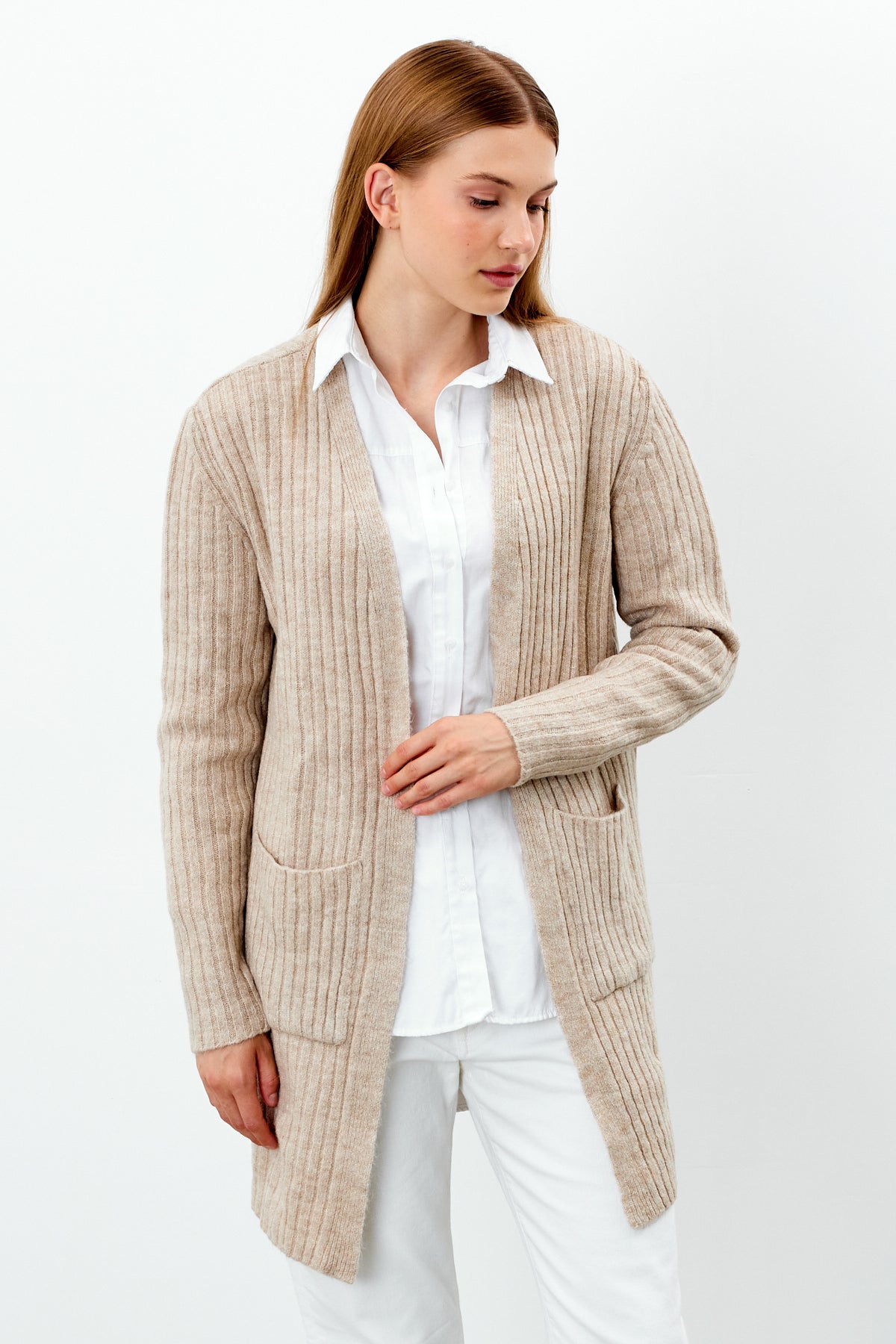 Long Ribbed Knit Cardigan Solid Color  - SKU: 9578