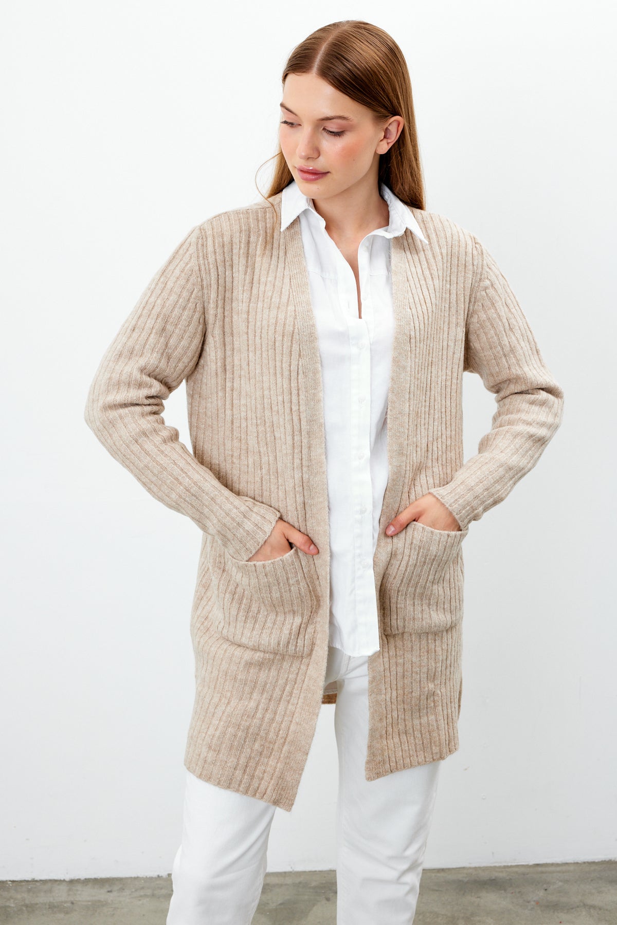Long Ribbed Knit Cardigan Solid Color  - SKU: 9578