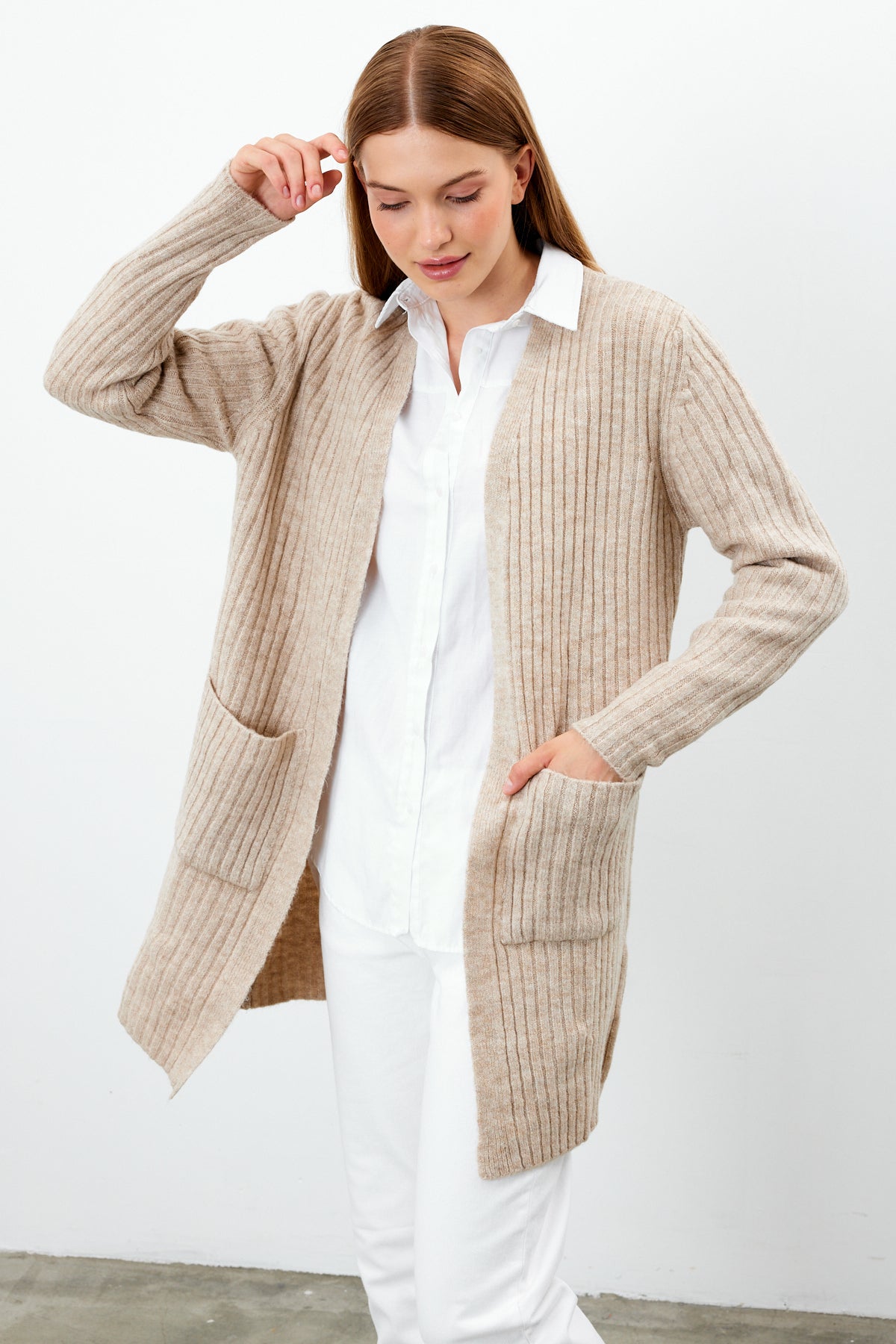 Long Ribbed Knit Cardigan Solid Color  - SKU: 9578