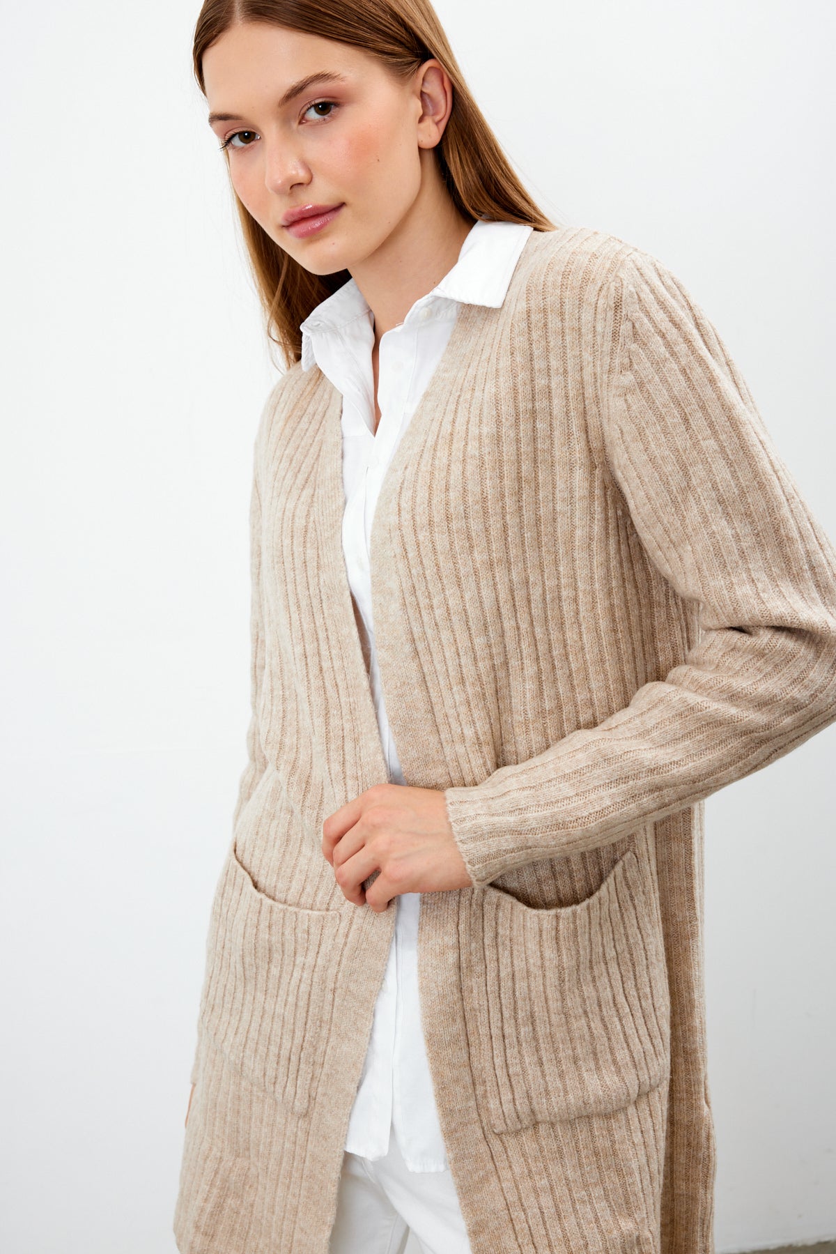 Long Ribbed Knit Cardigan Solid Color  - SKU: 9578