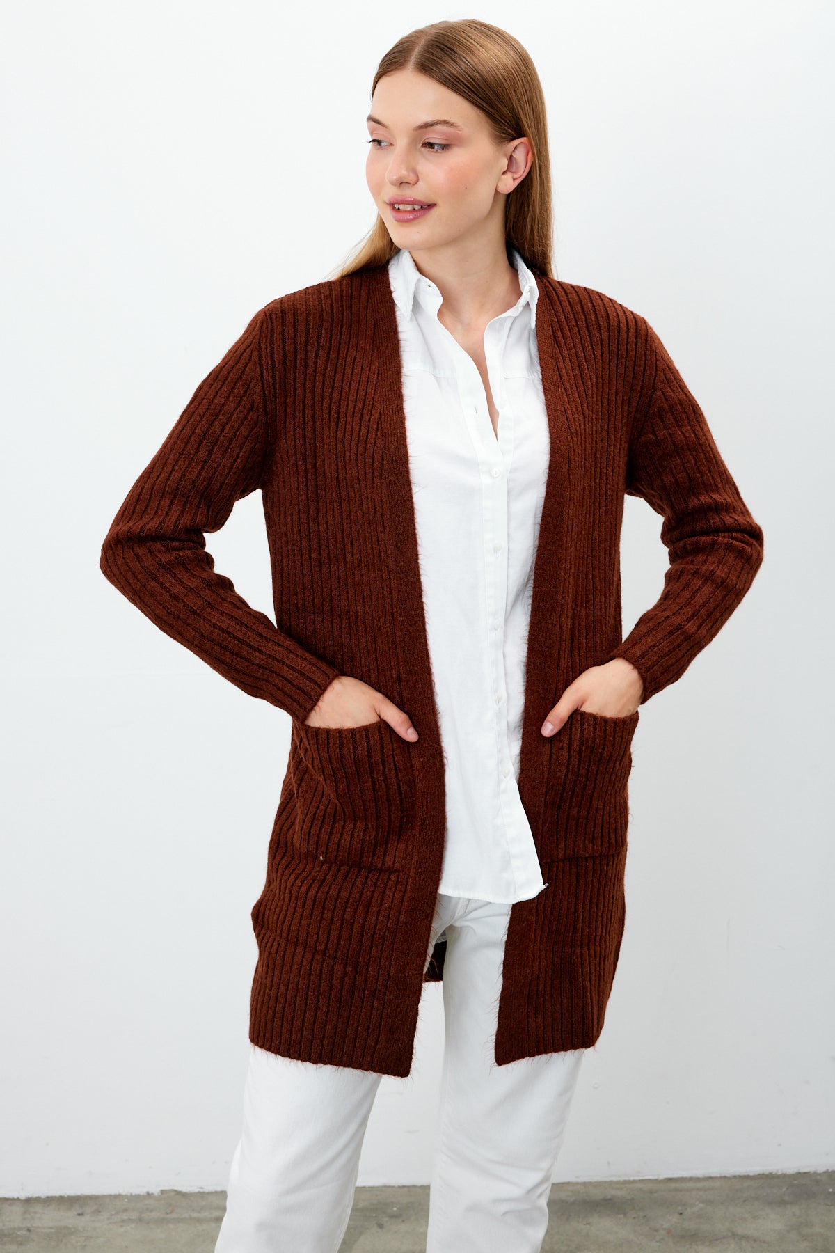 Long Ribbed Knit Cardigan Solid Color  - SKU: 9578